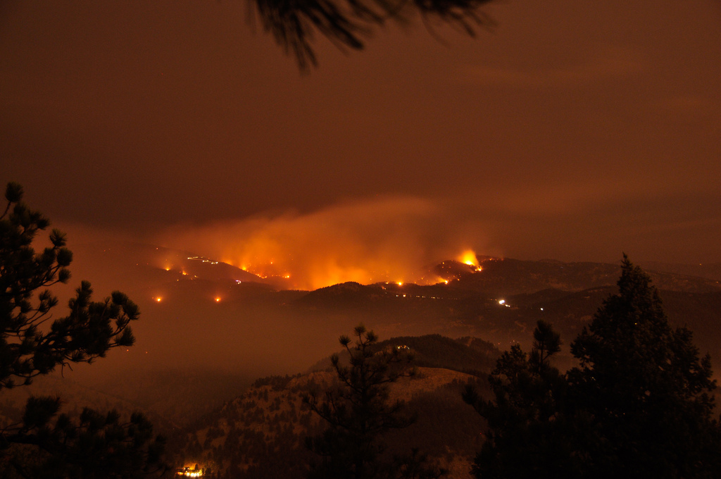 Fire in 2010 at Fourmile Canyon, near Boulder, Colo., seen from Flagstaff Mountain. Photo courtesy of ScatteredView, Flickr.
