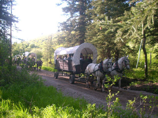 The chuckwagon dinner train rolling past writers at the wine-and-cheese walk. Photo by Sara Campbell.